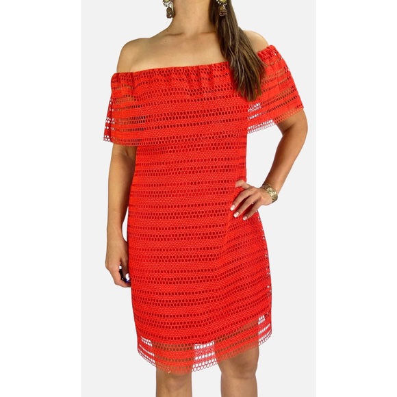 WITCHERY Red Lace Off The Shoulder Lined Cocktail Party Dress Size AU 10 - Picture 2 of 7